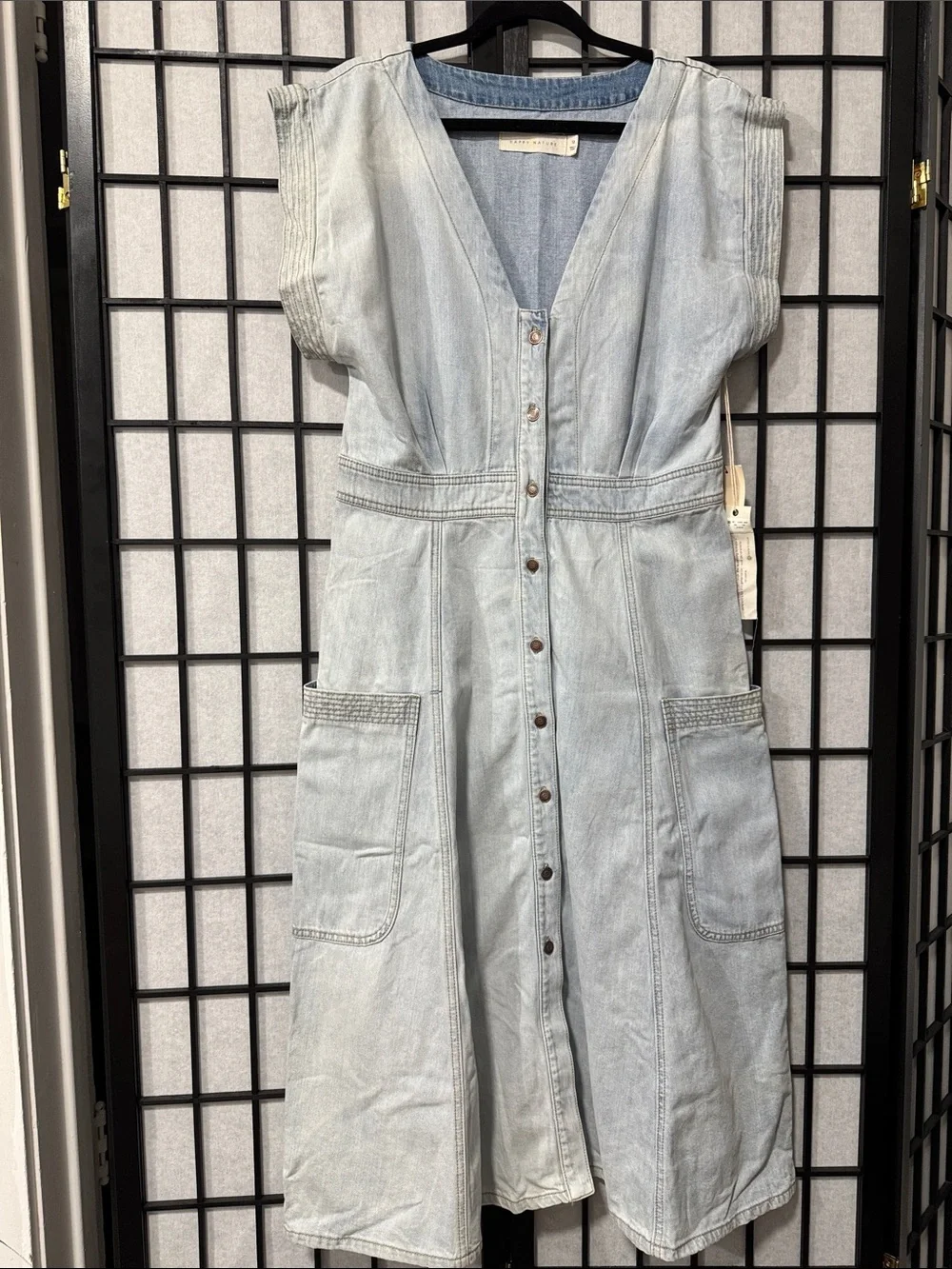 Happy Nature by Kate Hudson Denim Midi Dress 12 Light Wash Button Front Pockets - Picture 3 of 12